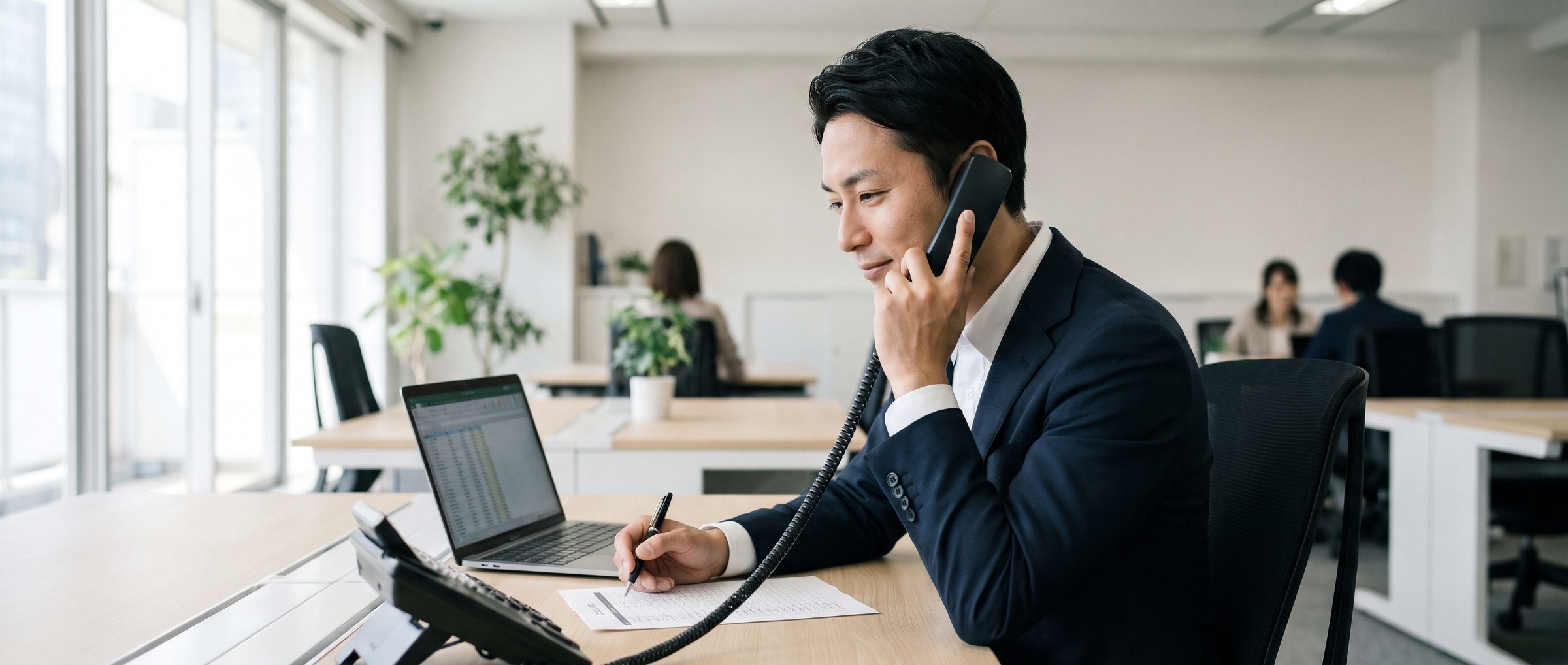オフィスの自席で、架電リストを見ながら営業電話をかける社員