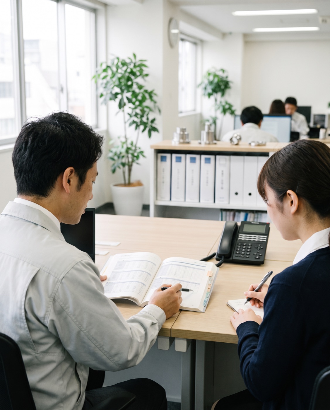 自社で作成した営業マニュアルを開き、後輩社員に説明する受講社員